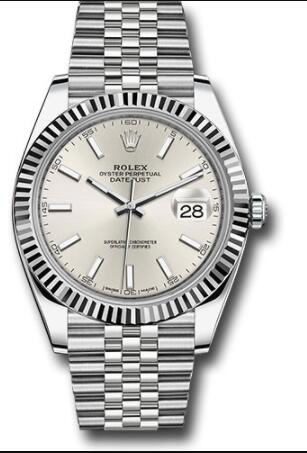 Replica Rolex Steel and White Gold Rolesor Datejust 41 Watch 126334 Fluted Bezel Silver Index Dial Jubilee Bracelet - Click Image to Close